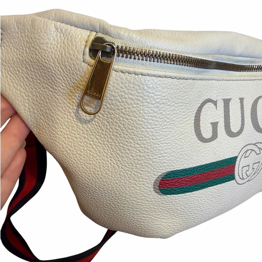 Authentic Gucci Print Leather Belt Bag White Logo Web Stripe Crossbody - Picture 6 of 11